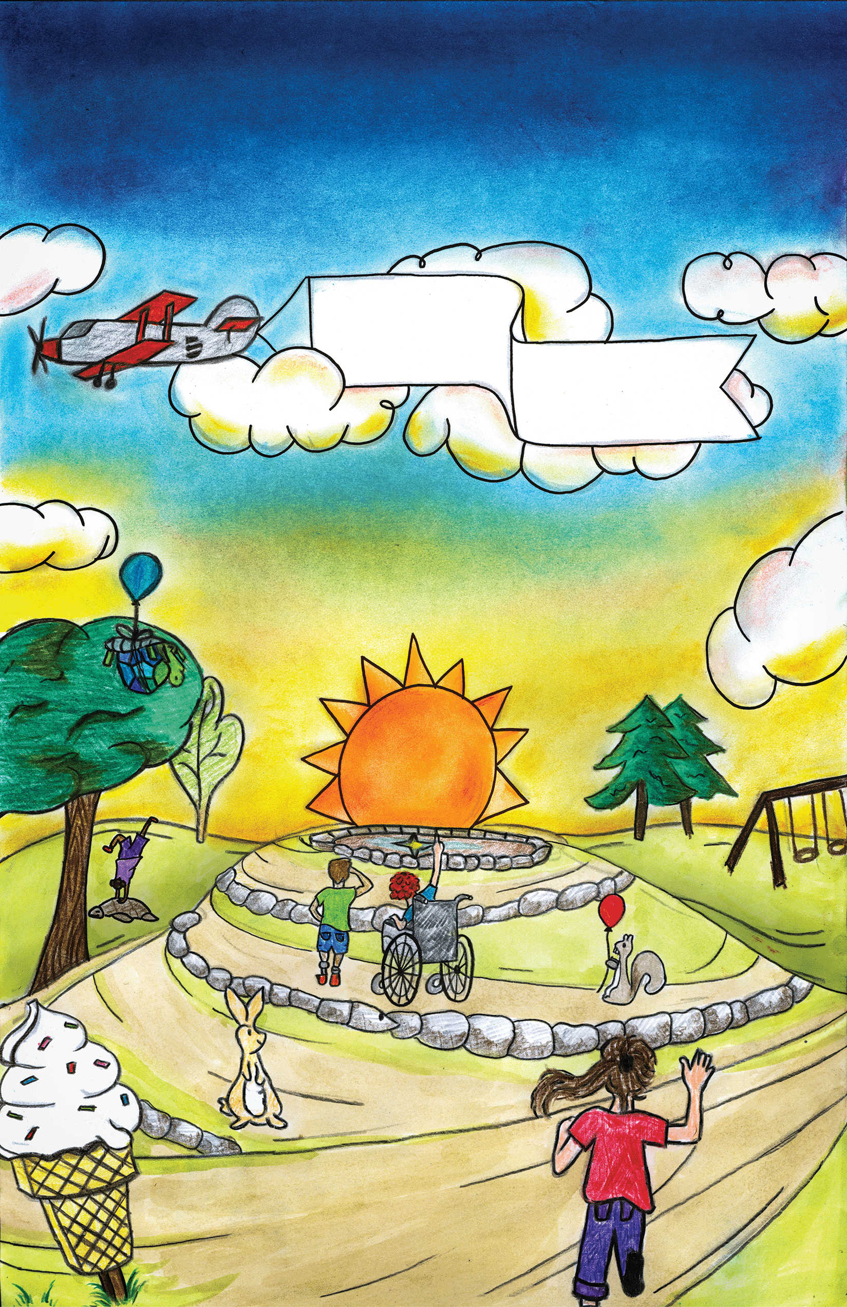 a poster made with colored pencils, crayons, and pastels. It include an airplane, and a bunch of kids playing around the park