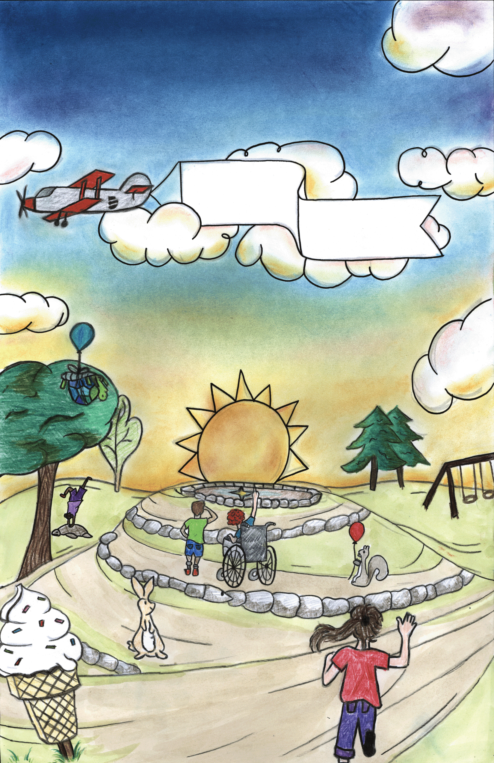 a poster made with colored pencils, crayons, and pastels. It include an airplane, and a bunch of kids playing around the park