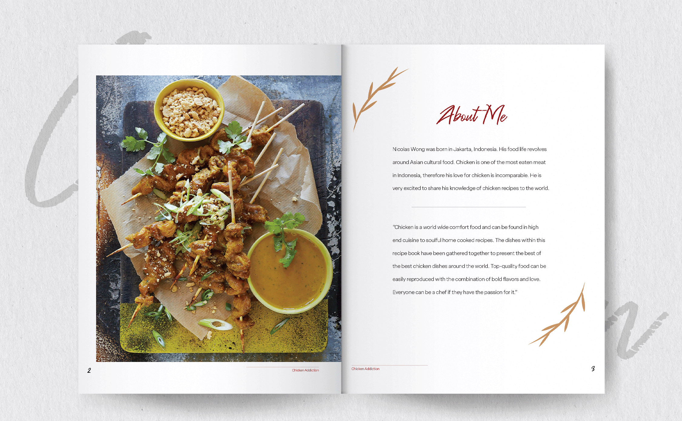 A cookbook opened to a page with an image of chicken skewers and about me page