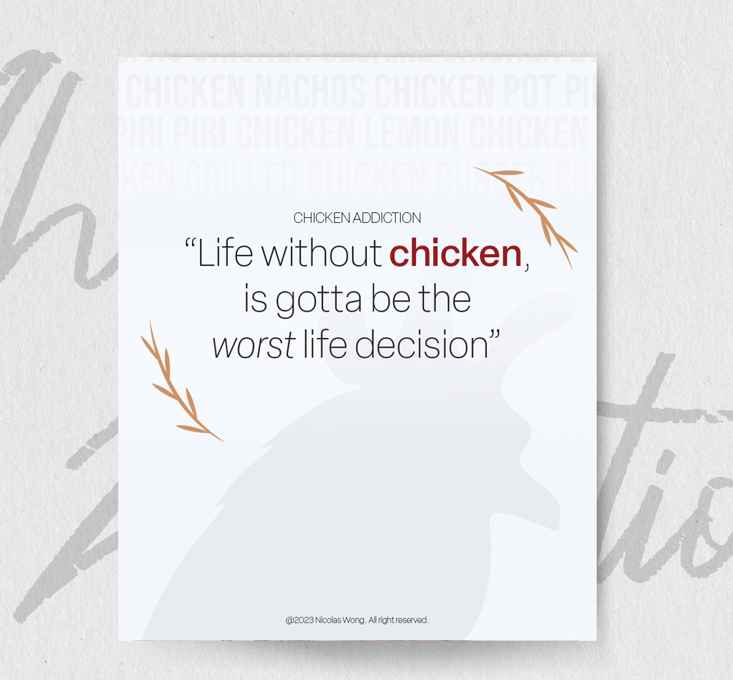 A cookbook back cover and a phrase'Life without chicken, is gotta be the worst life decision'.