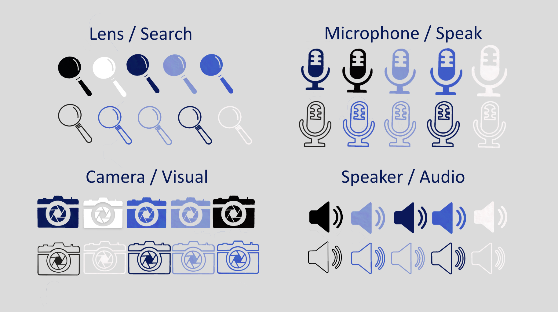 contain icon variations, including lens, microphone, camera, and speaker