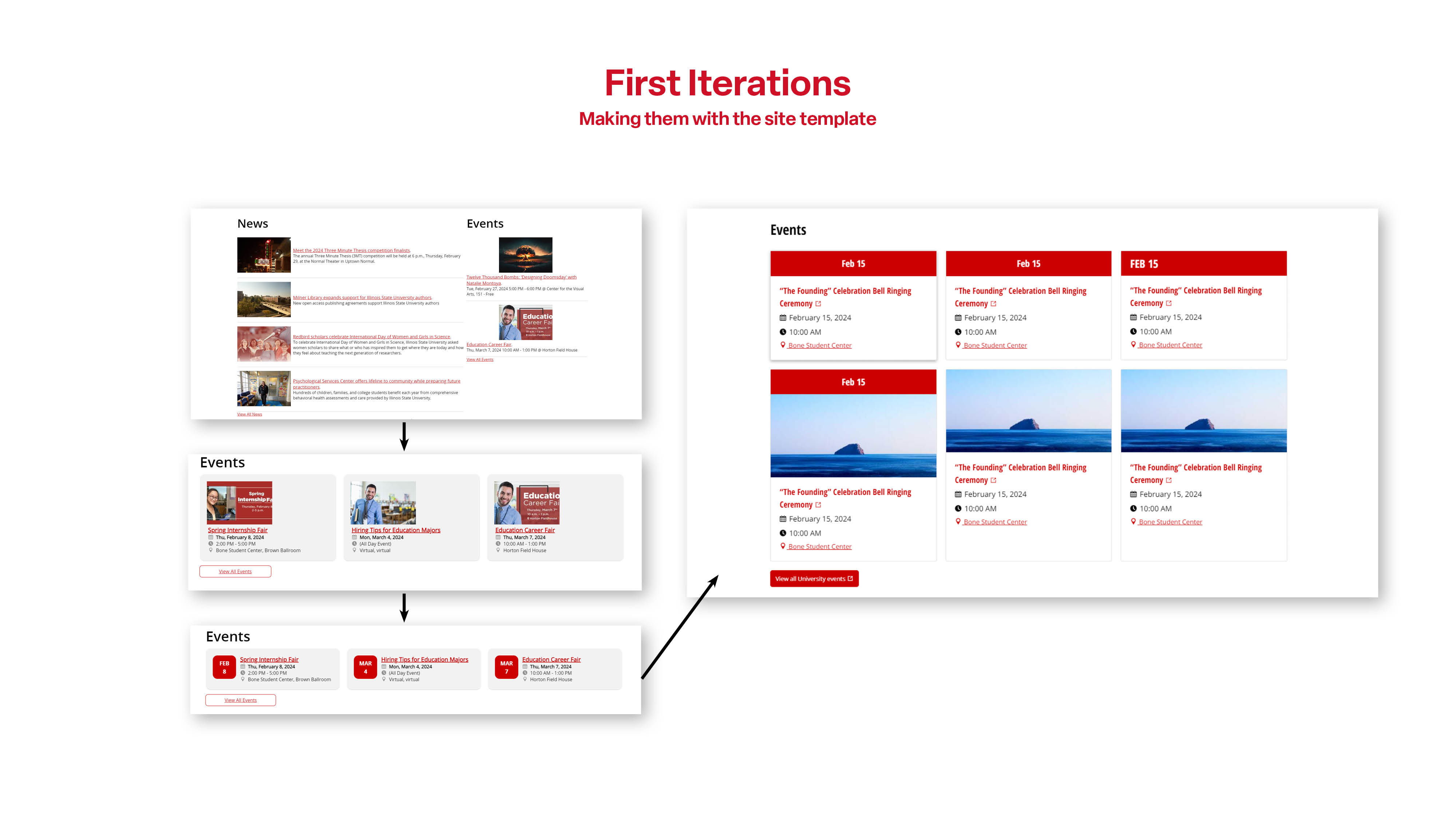 First Iterations using the site template. The process goes from the original design to 3 by 2 cards that display a date, image, and event details.