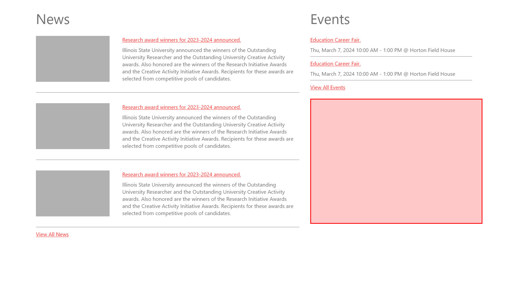 The original News and Events as a wireframe. 4 images on the left with text, and 2 images on the right with text