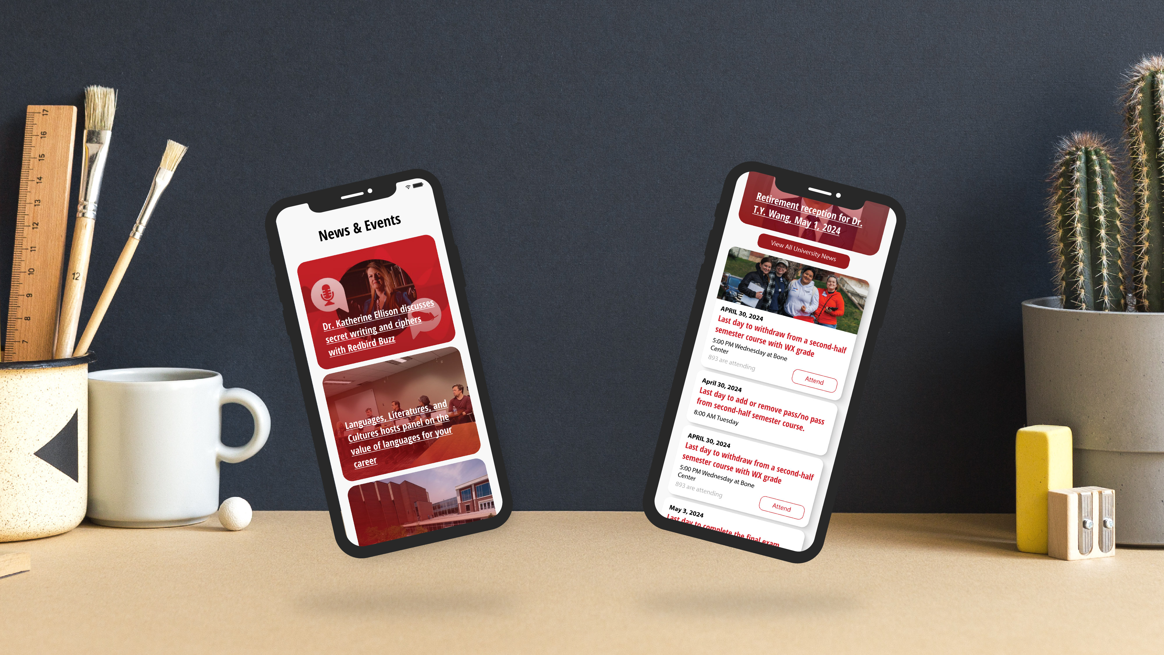 Mobile mockup of the news and events. 3 images with text overlay on the left phone and 4 cards with event details on the right phone.