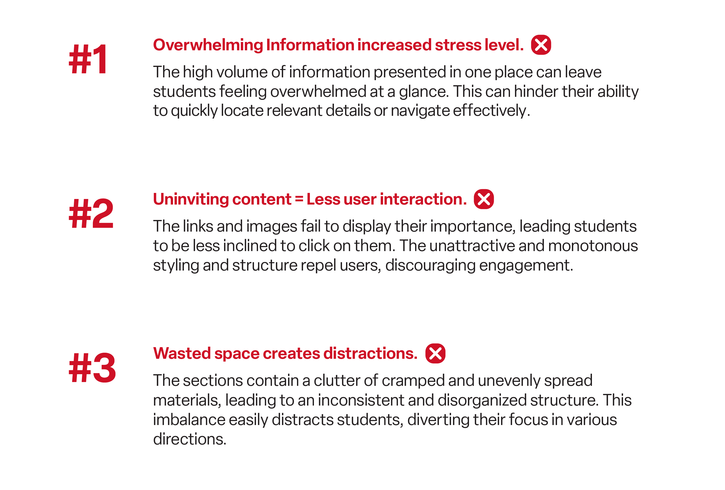 A list of students' feedback and impression. Number 1, overwhelming information increased stress level. Number 2, uninviting content equal less user interaction. Number 3, wasted space creates distractions