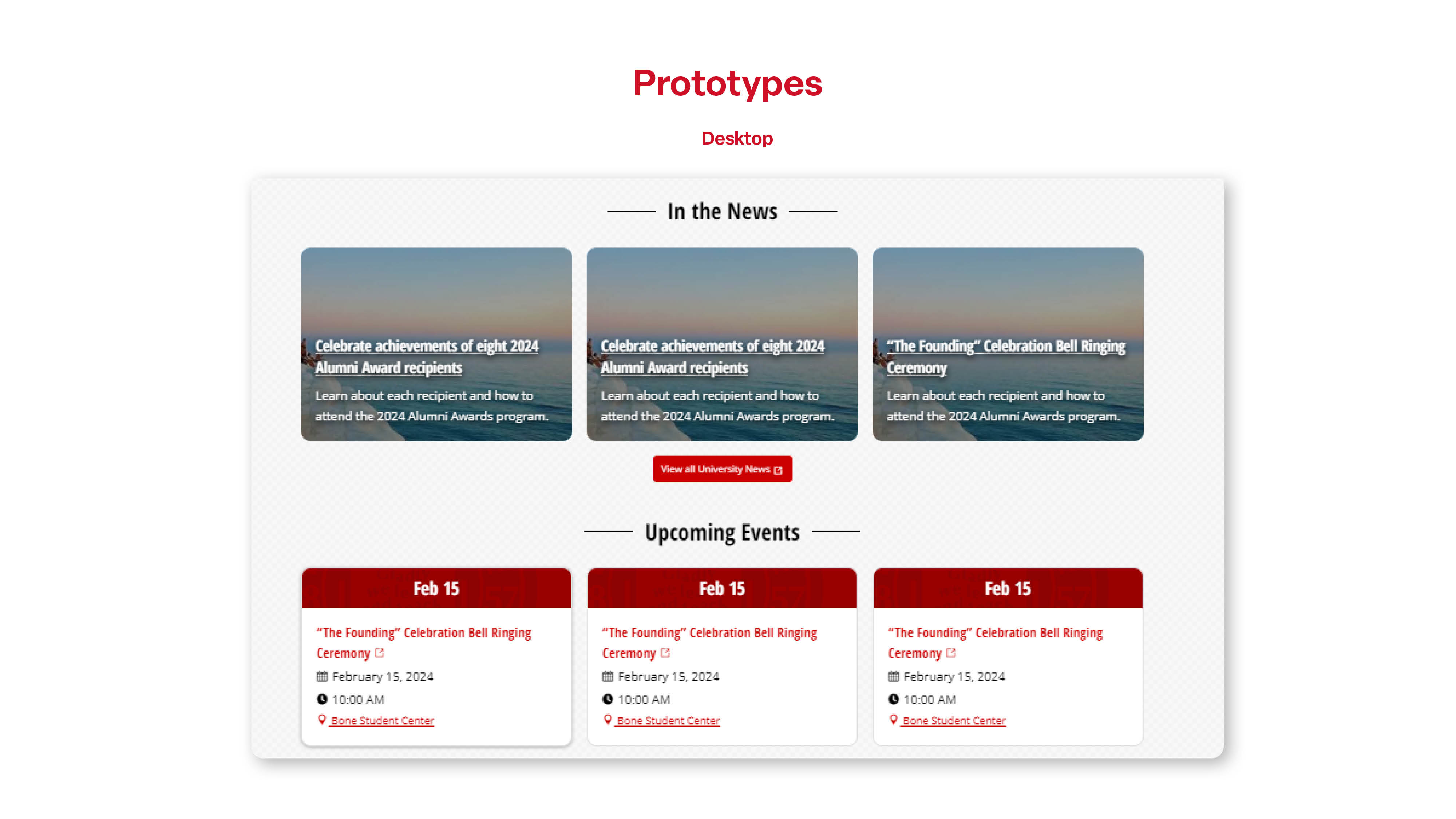 Desktop Prototype. 3 images with text overlays as the news and 3 cards displaying dates and event details as upcoming events.
