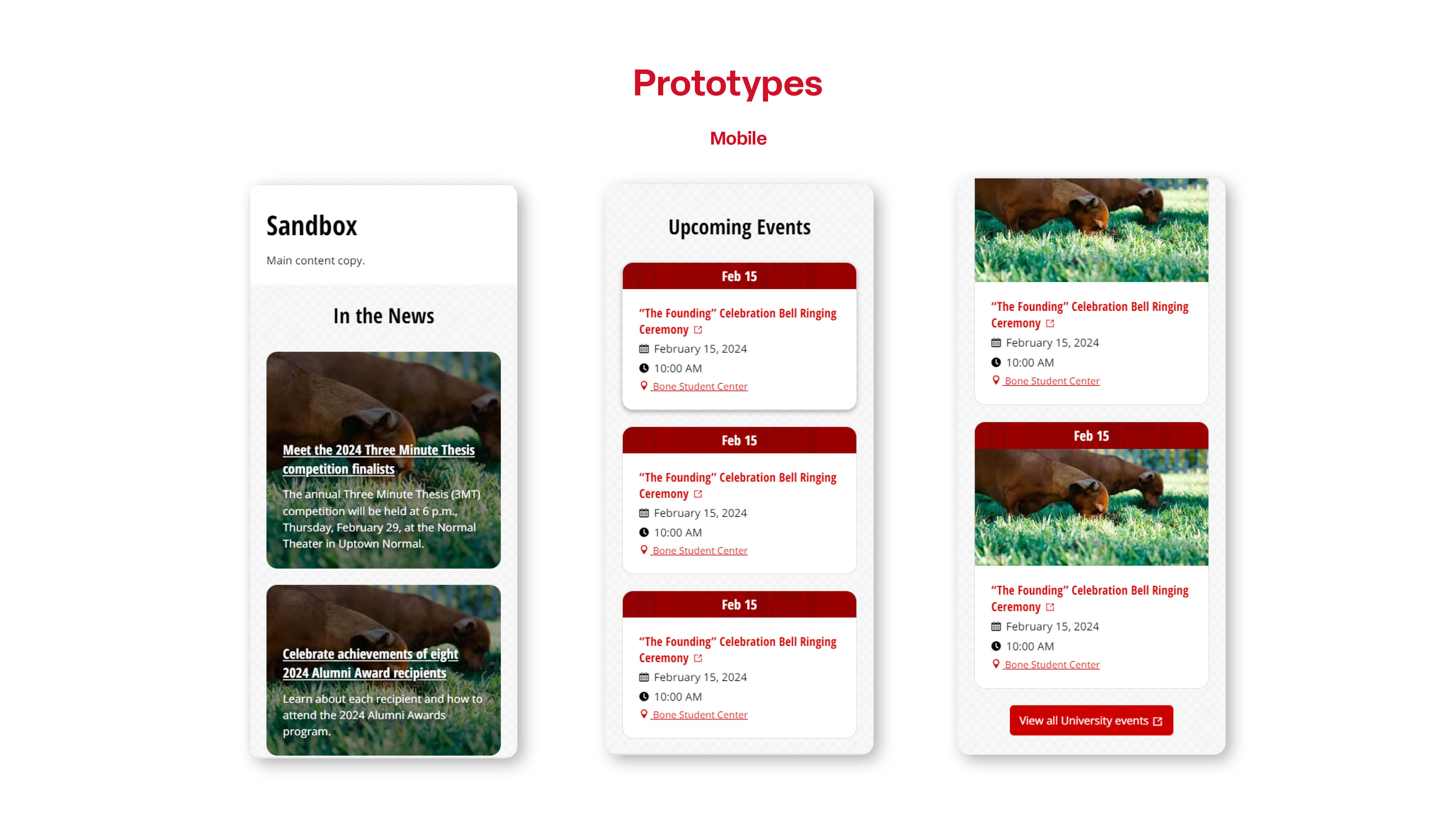 Mobile Prototype. 3 mobile screen displaying 3 images with text overlays as the news and 3 cards with dates and event details as upcoming events.