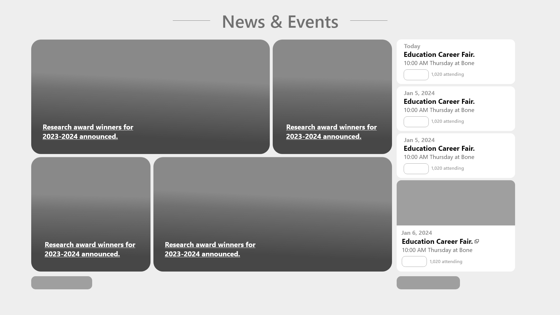 Final wireframe. 4 images with text overlay on the left side of the screen and 4 cards with event details on the right side of the screen.