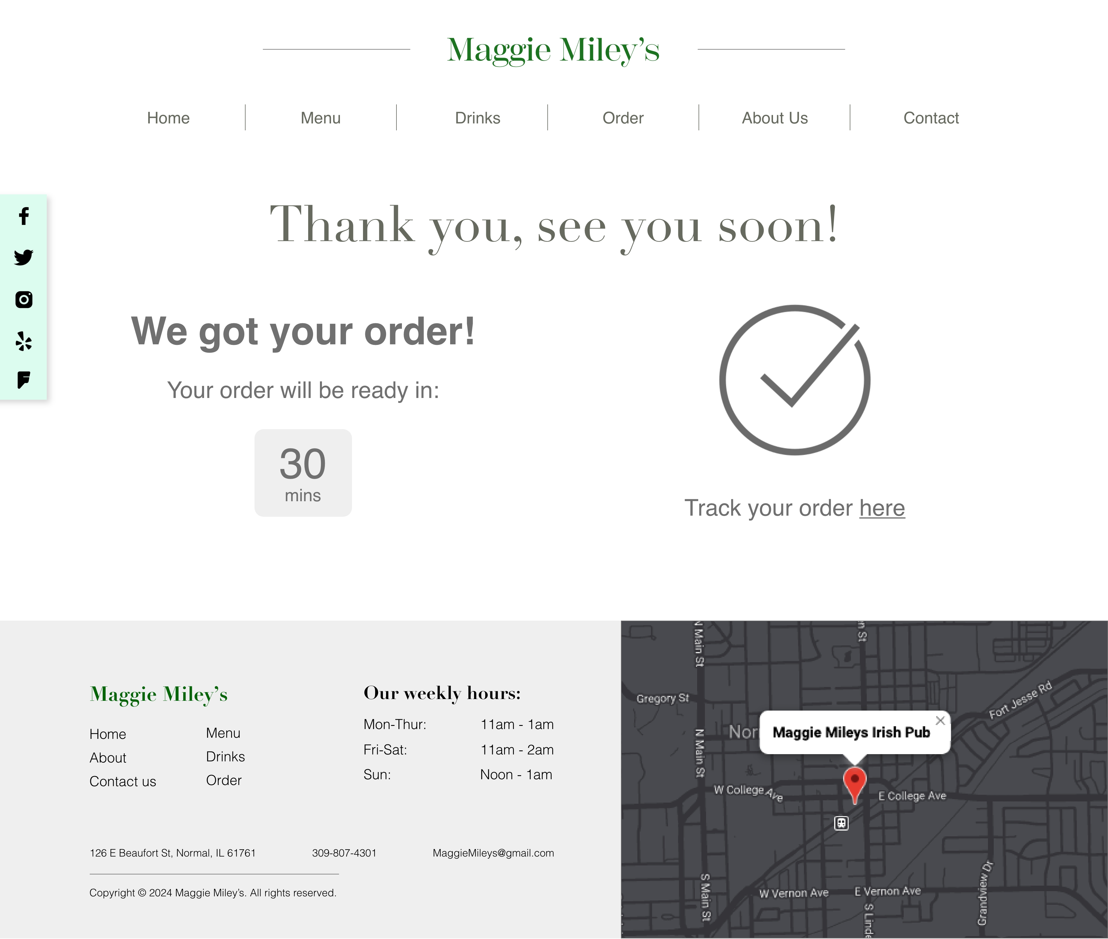 Redesigned Maggie Miley's website with a confirmation order.