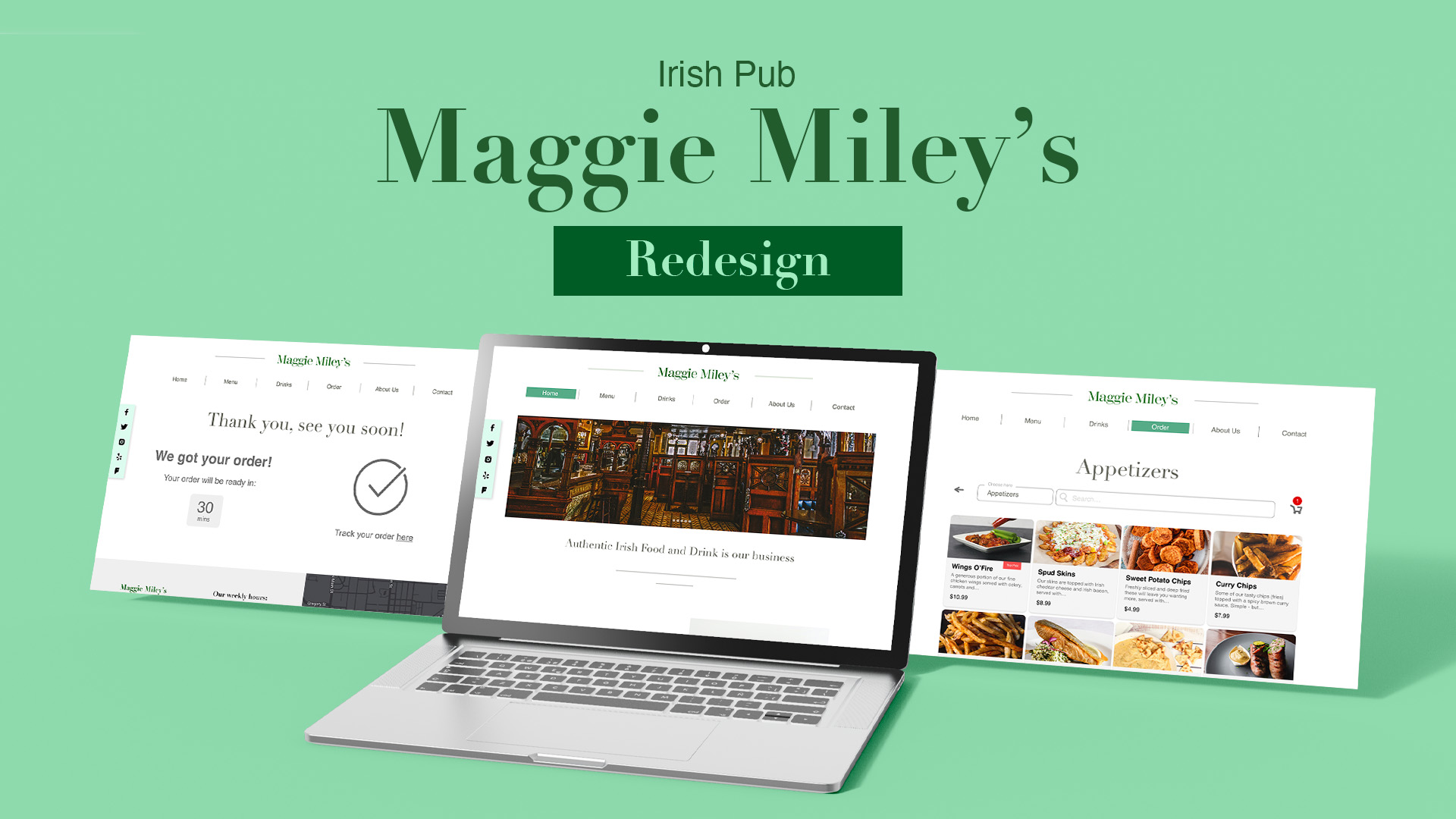 A desktop computer with the redesigned Maggie Miley's website