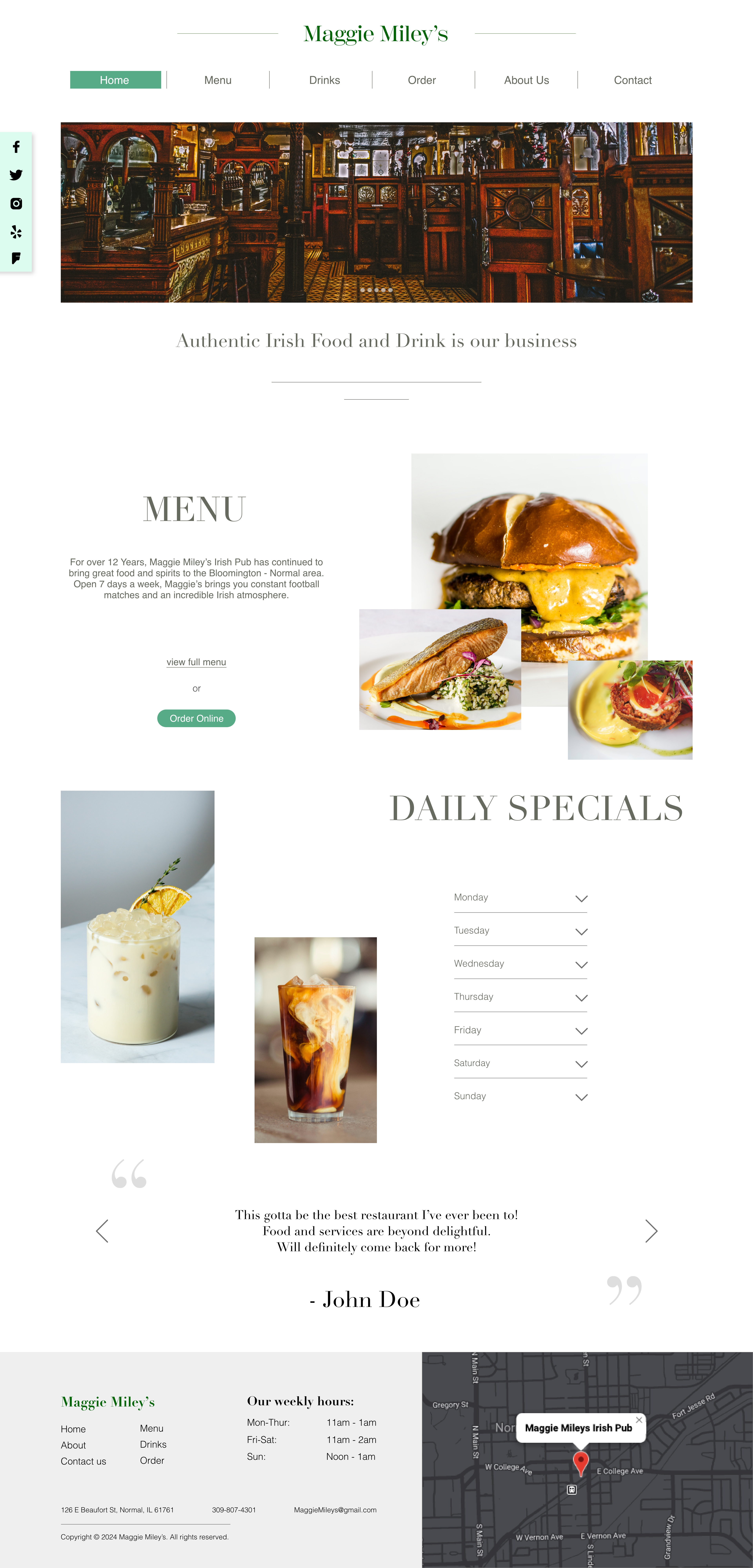 Redesigned Maggie Miley's home website that includes pictures of burgers, drinks, and their location.