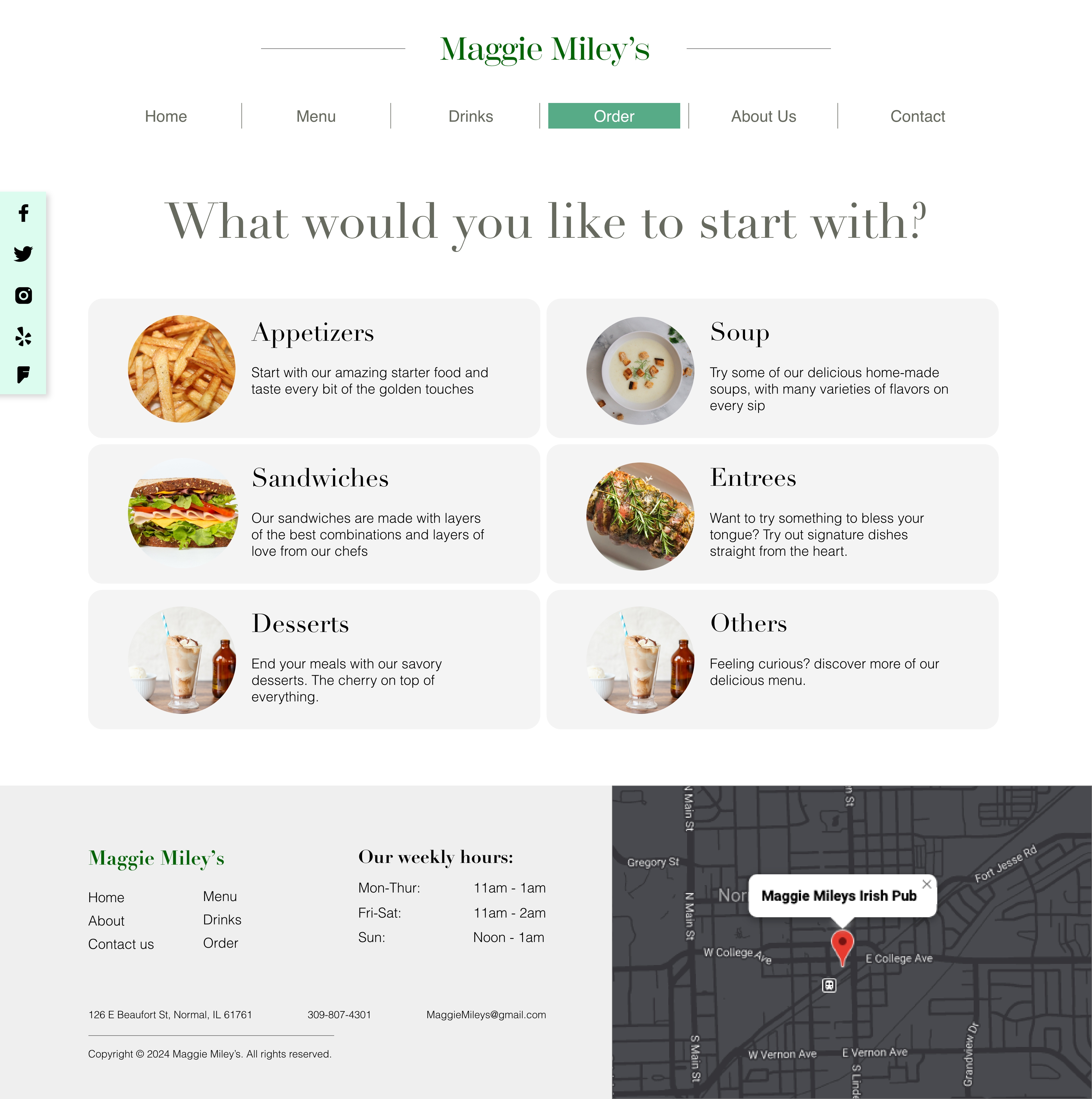 Redesigned Maggie Miley's menu website that have different options