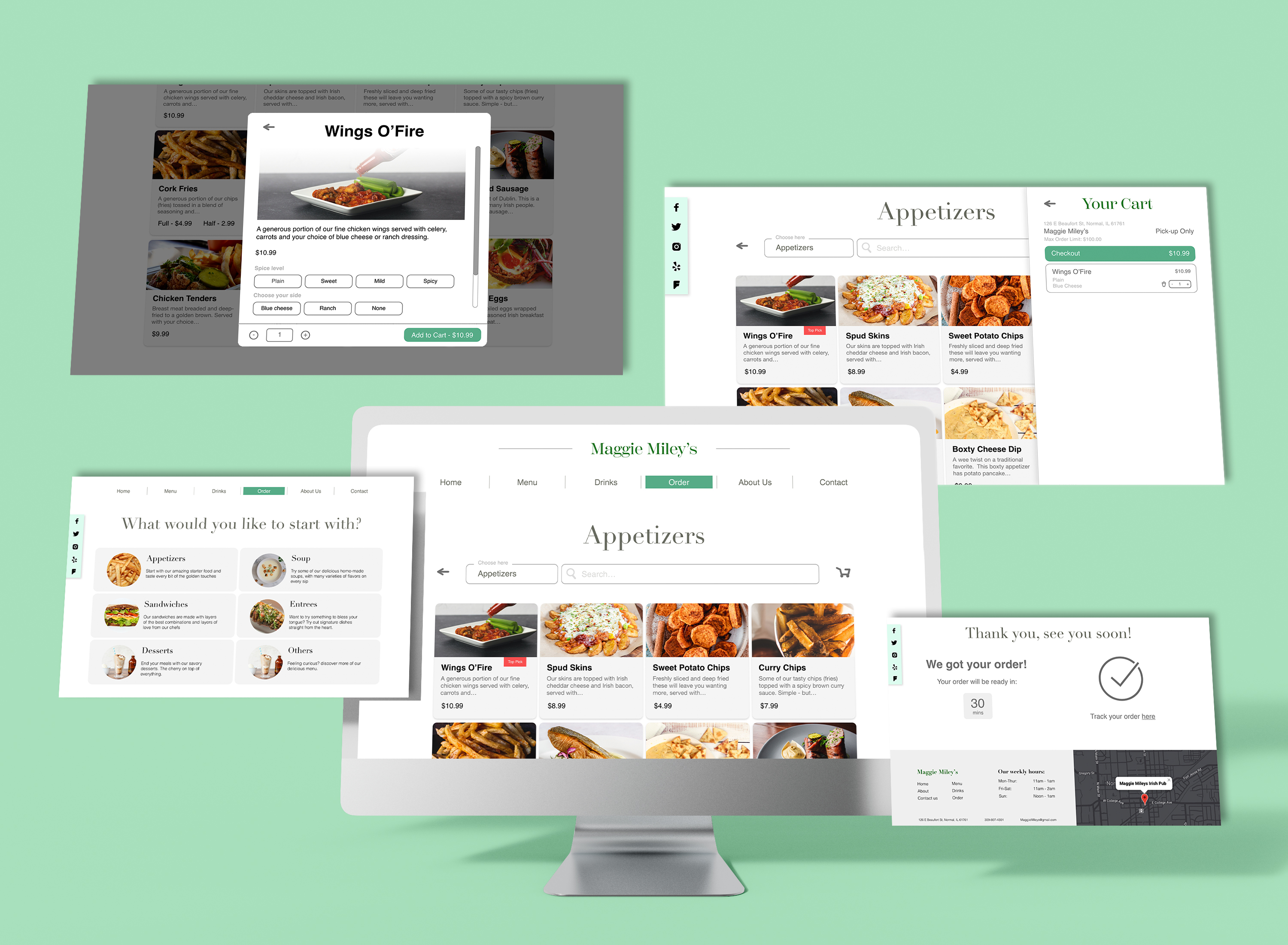 5 different screen website mockup of maggie miley, an irish bar restaurant