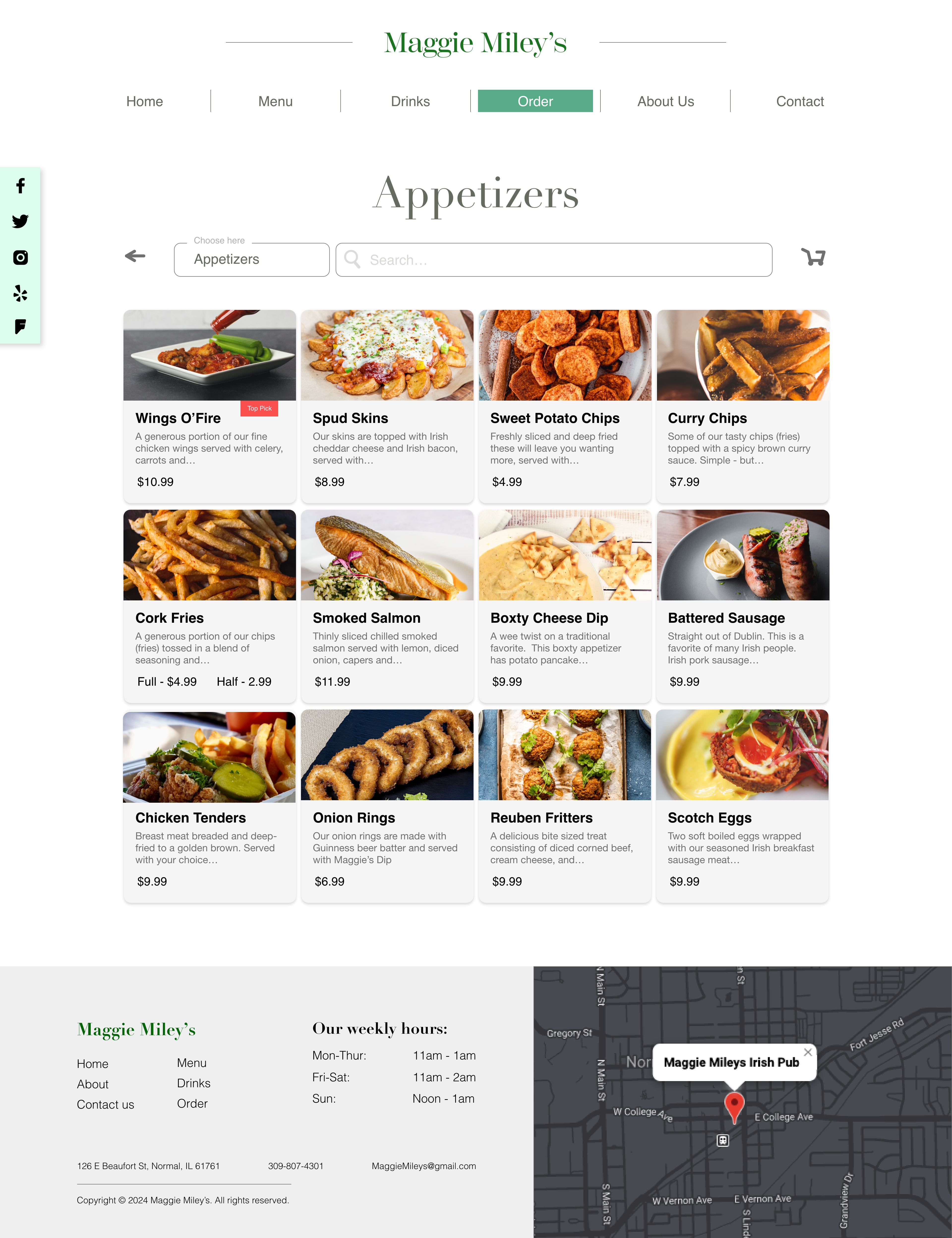 Redesigned Maggie Miley's website online order menu layout