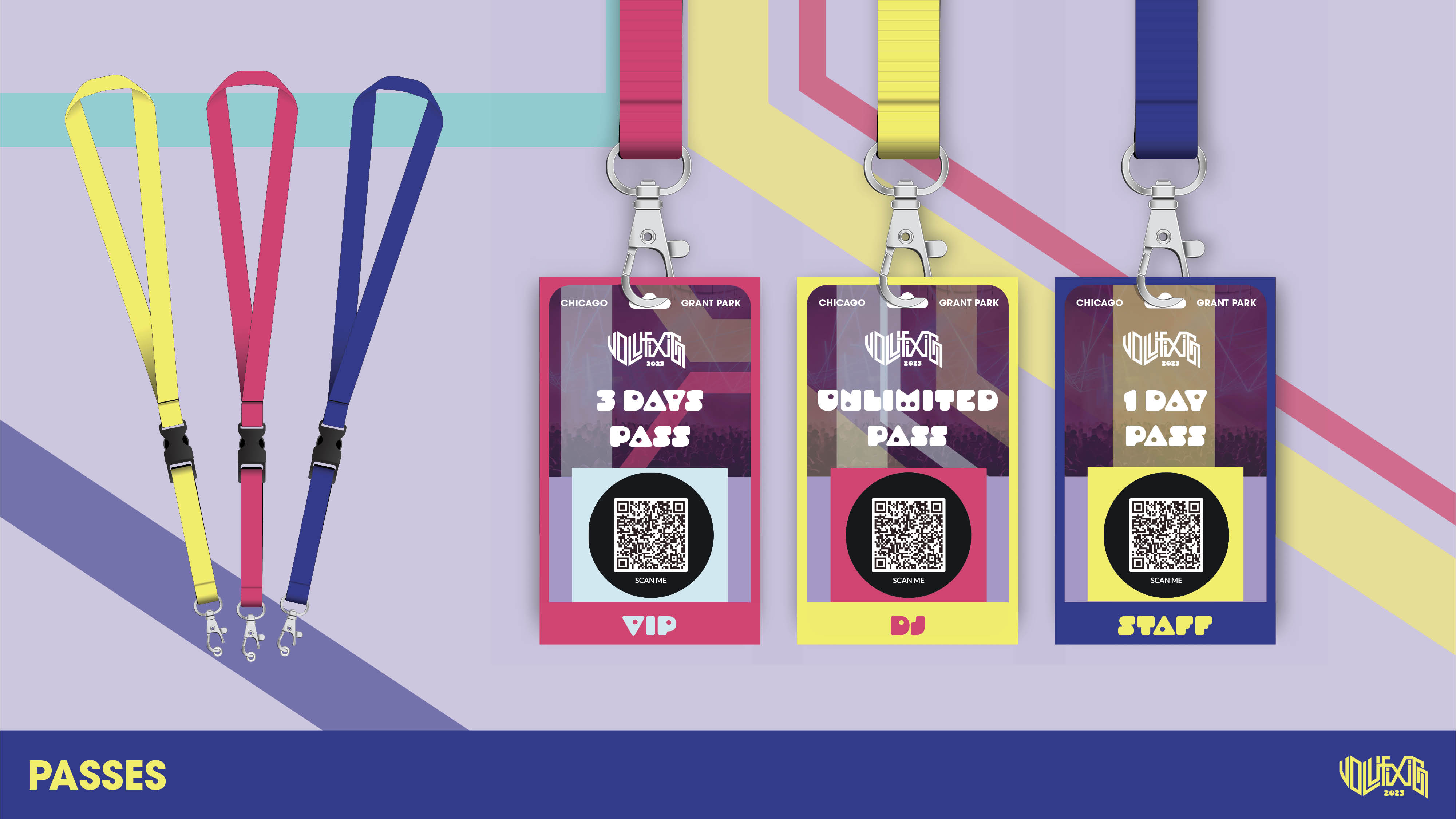 Volufixion badges for VIP, DJ, and Staff in pink, yellow, and blue color