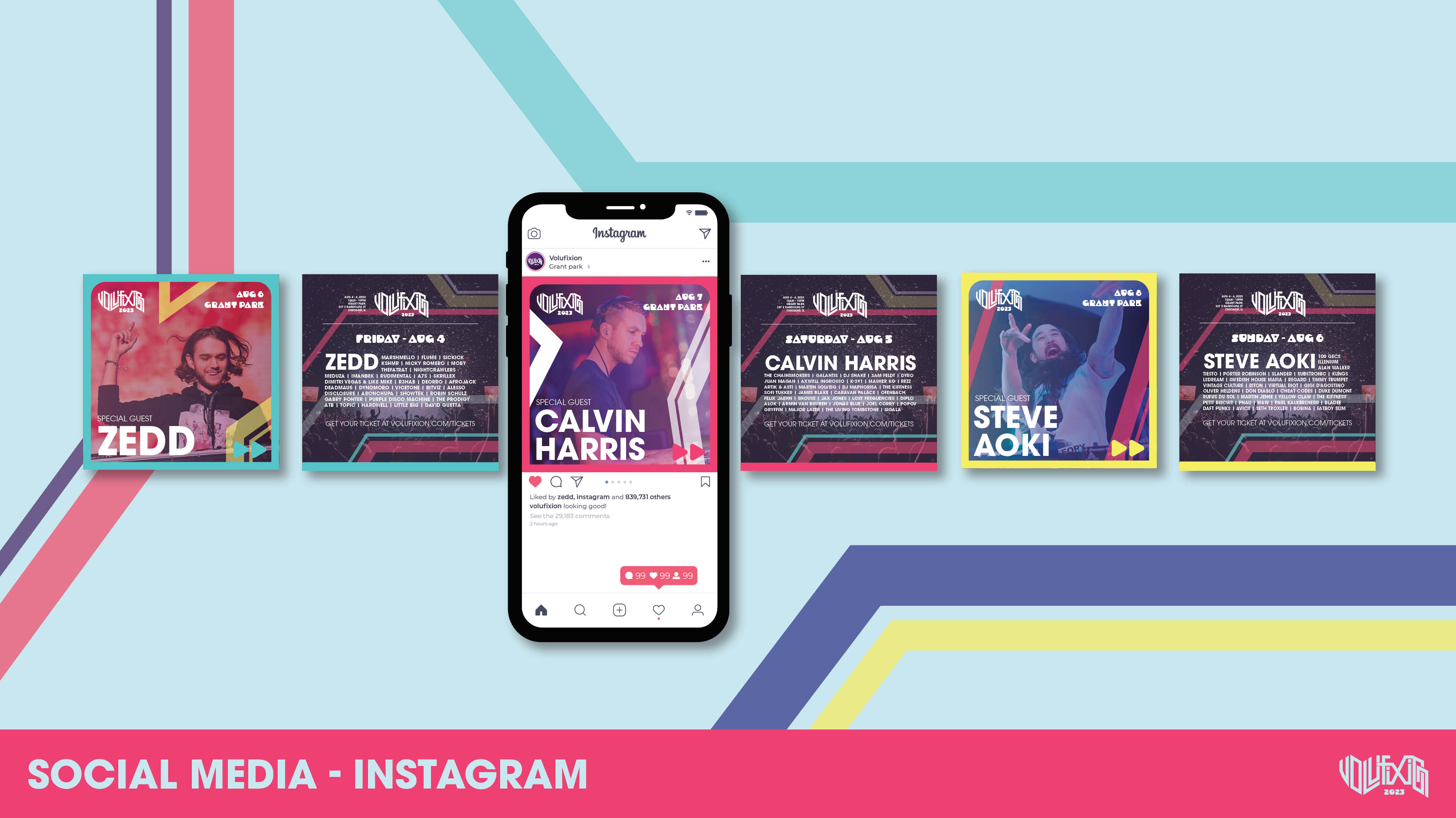 Volufixion mockup as Instagram posts, featuring Zedd, Calvin Harris, and Steve Aoki