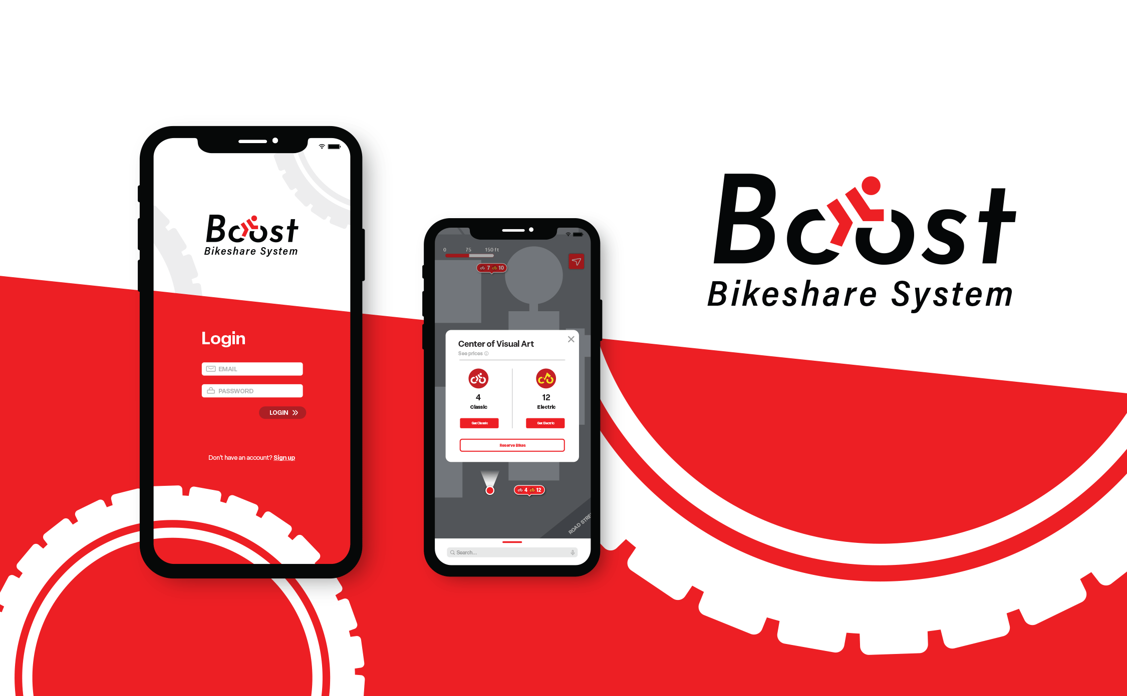Boost Mobile, a bikeshare application. 2 Iphone mockups of the app in action with red background