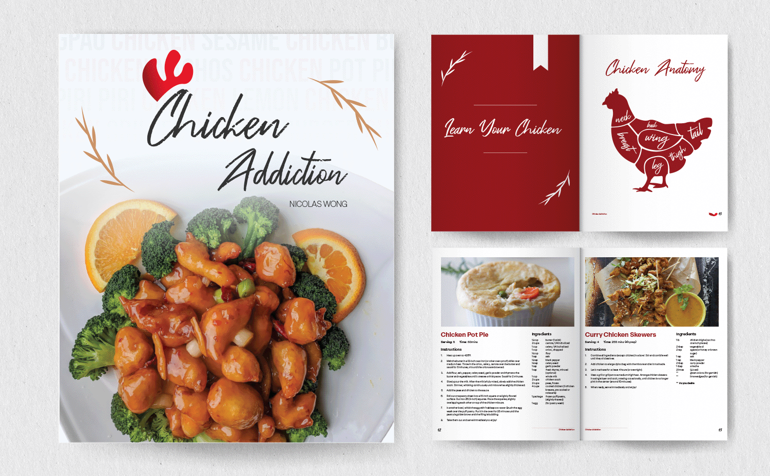 A cookbook called Chicken Addiction with an image of orange chicken and pages of recipes