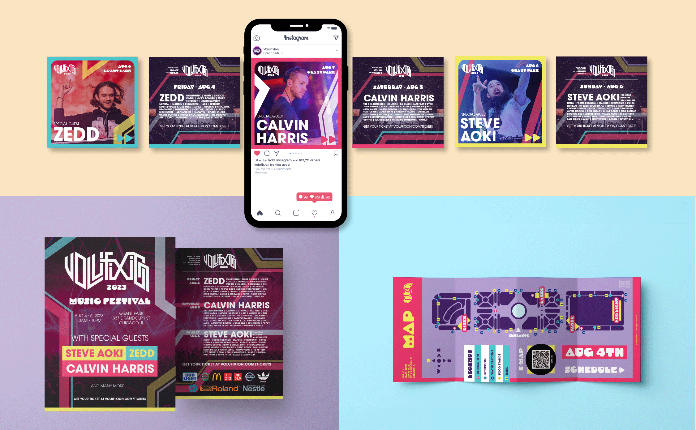 Branding for an electric music festival, Volufixion. Posters, physical map, and social media mockups